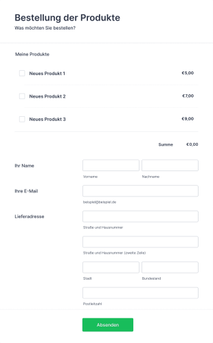 Produkt Bestellformular Form Template