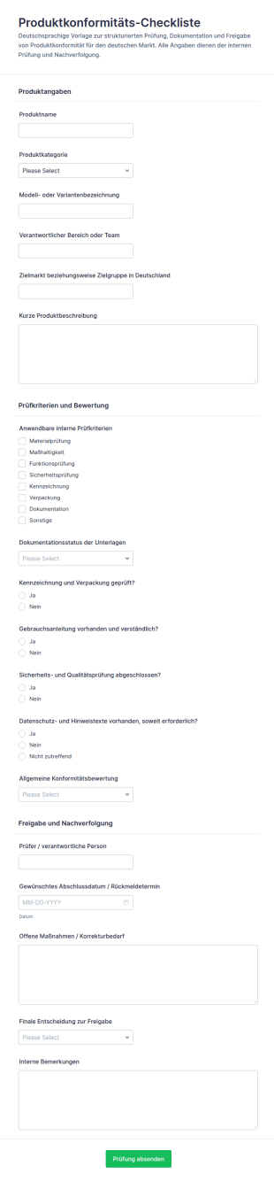 Produkt Compliance Überprüfung Formular