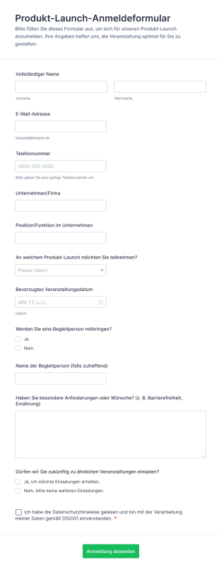 Produkt Launch Anmeldeformular