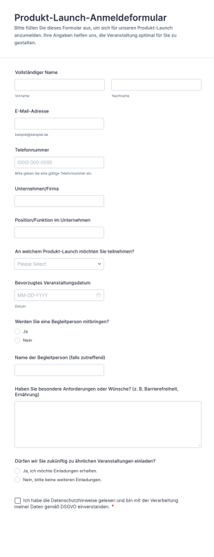Produkt Launch Anmeldeformular