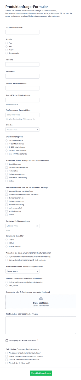 Produktanfrage Formular