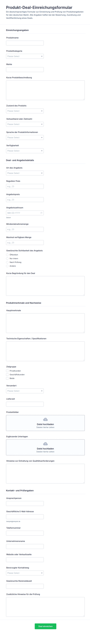 Produktangebotseinreichung Formular