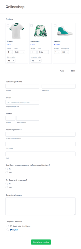 Produktbestellformular Form Template