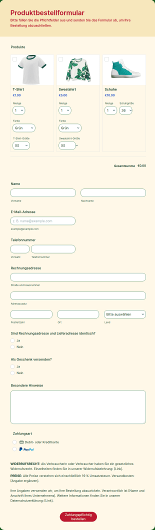 Produktbestellformular