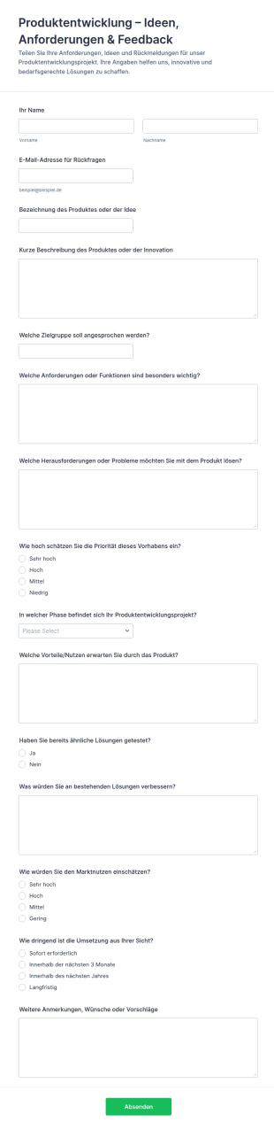 Produktentwicklungsanfrage Formular