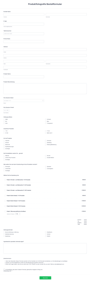 Produktfotografie Bestellformular Form Template