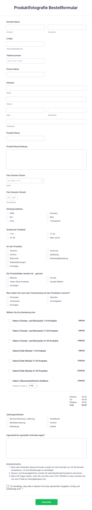 Produktfotografie Bestellformular