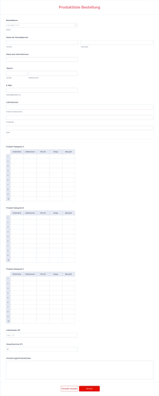Produktliste Bestellvorlage Form Template