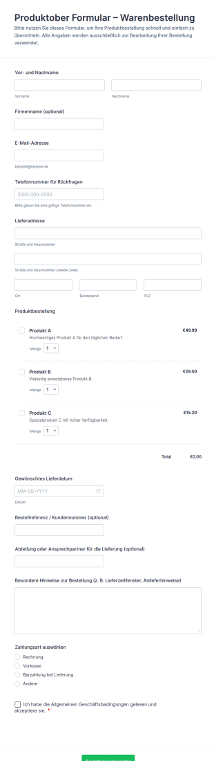 Produktober Formular – Warenbestellung