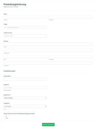 Produktregistrierung Form Template