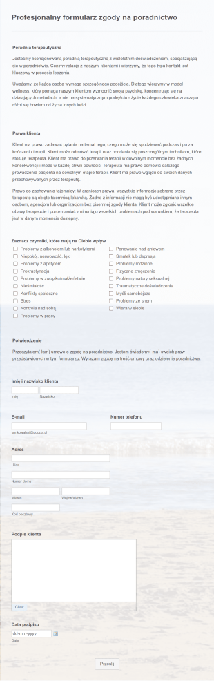 Profesjonalny Formularz Zgody Na Poradnictwo Form Template