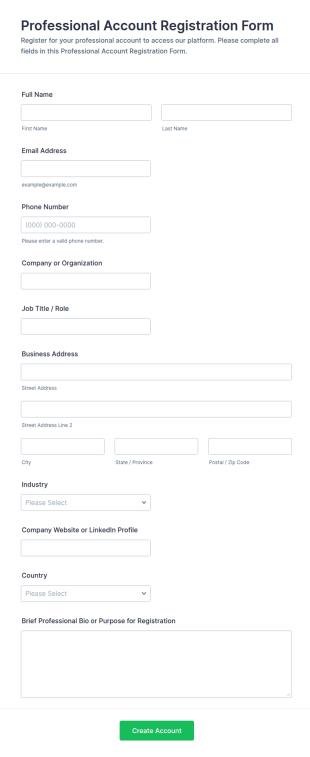 Professional Account Registration Form Template