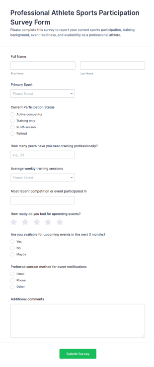 Professional Athlete Sports Participation Survey Form Template