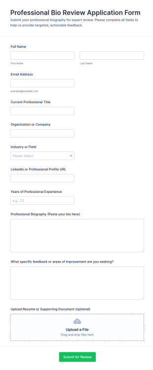 Professional Bio Review Application Form Template