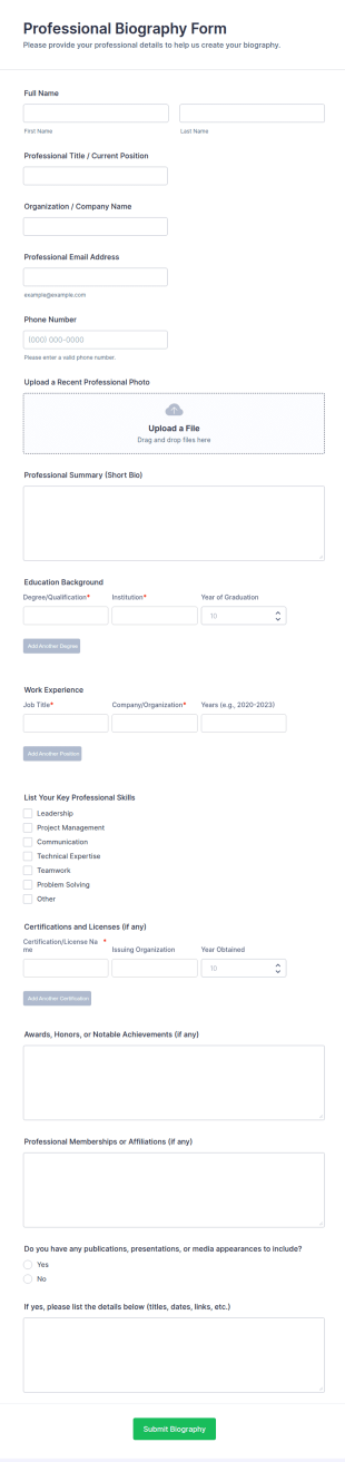 Professional Biography Form Template