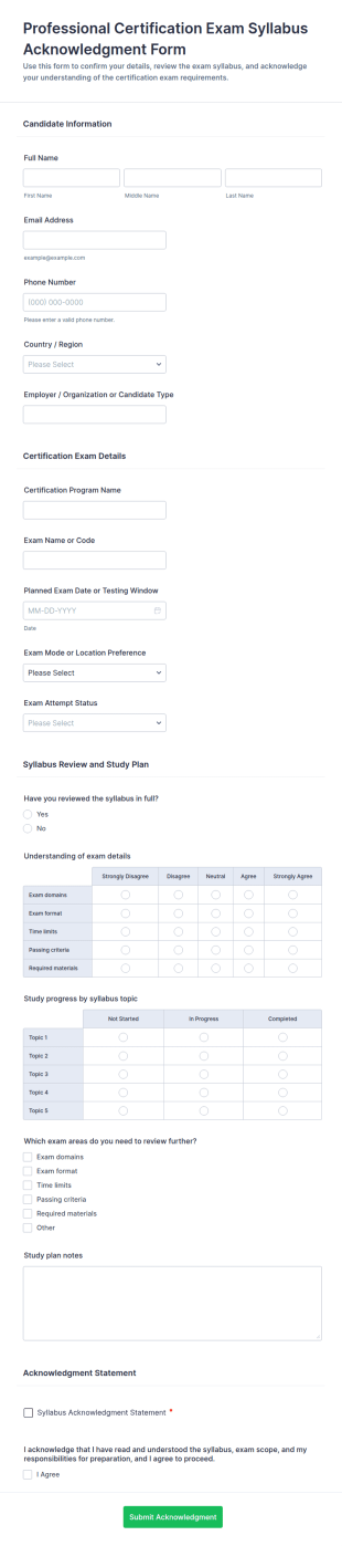 Professional Certification Exam Syllabus Acknowledgment Form Template