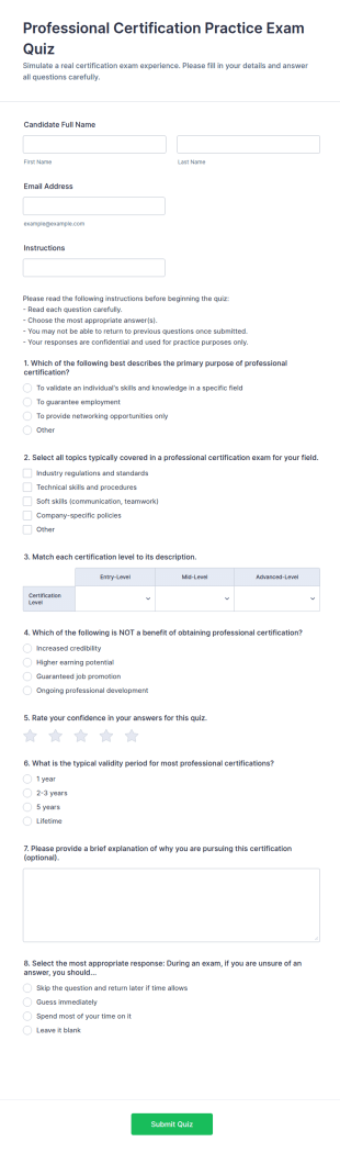 Professional Certification Practice Exam Quiz Form Template