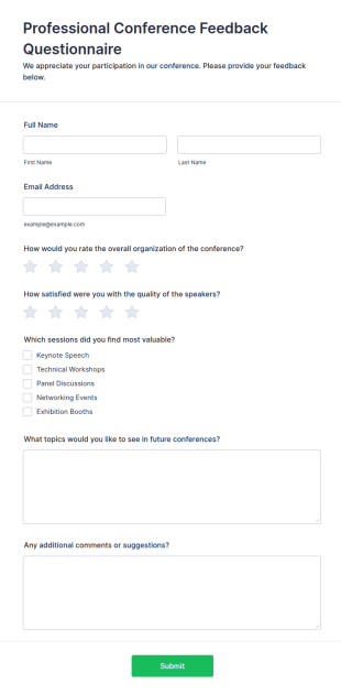 Professional Conference Feedback Questionnaire Form Template