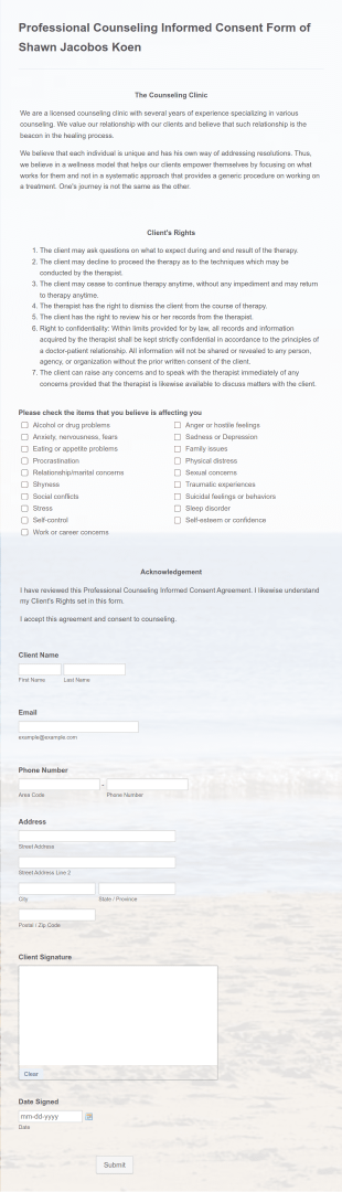 Professional Counseling Informed Consent Form Of Shawn Jacobos Koen Form Template