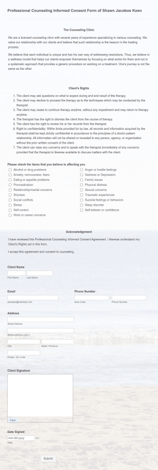 Professional Counseling Informed Consent Form Of Shawn Jacobos Koen