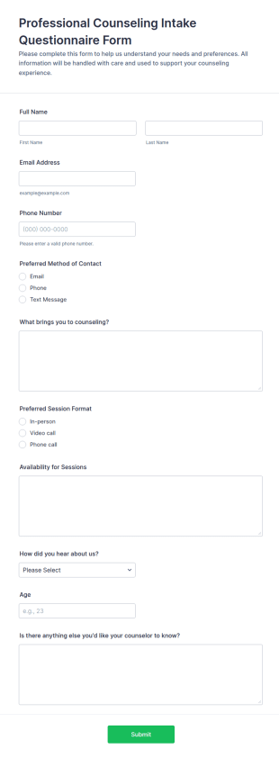 Professional Counseling Intake Questionnaire Form Template