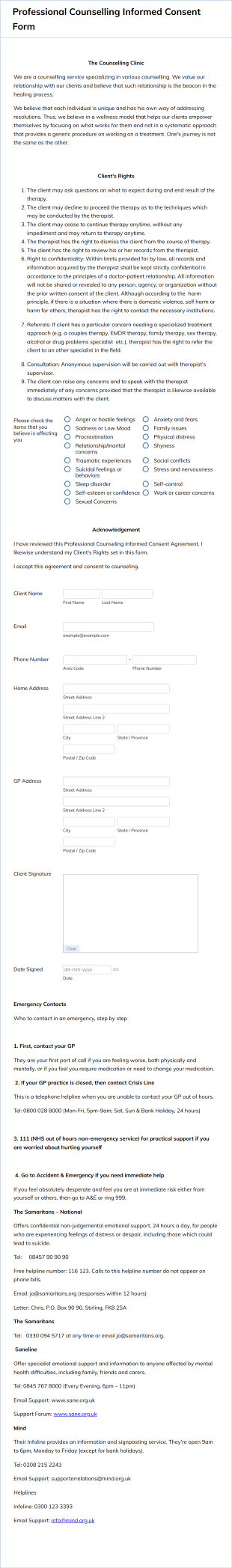 Professional Counselling Informed Consent Form Template