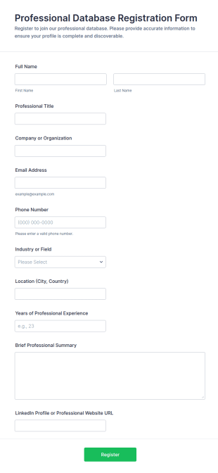 Professional Database Registration Form Template
