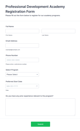 Professional Development Academy Registration Form Form Template