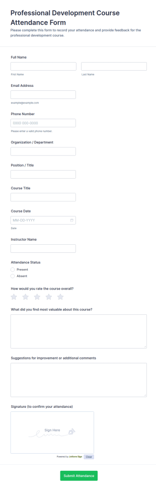 Professional Development Course Attendance Form Template