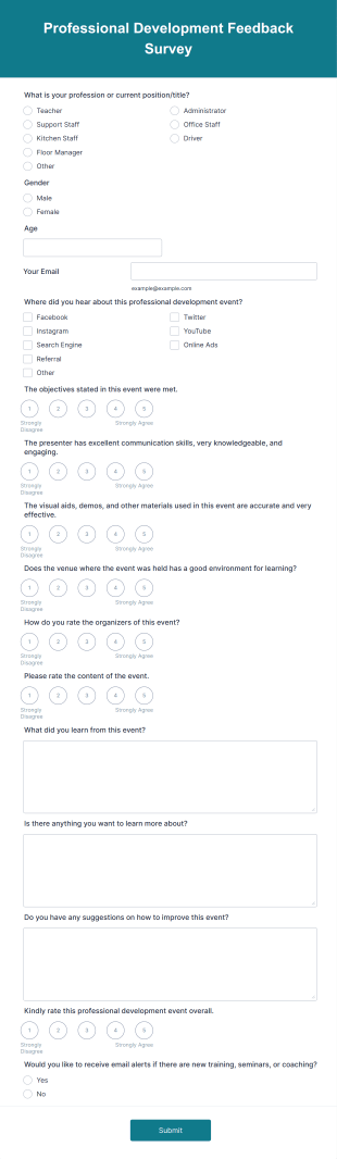 Professional Development Feedback Survey Form Template