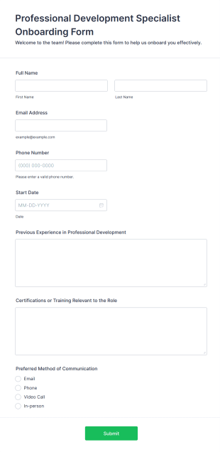 Professional Development Specialist Onboarding Form Template