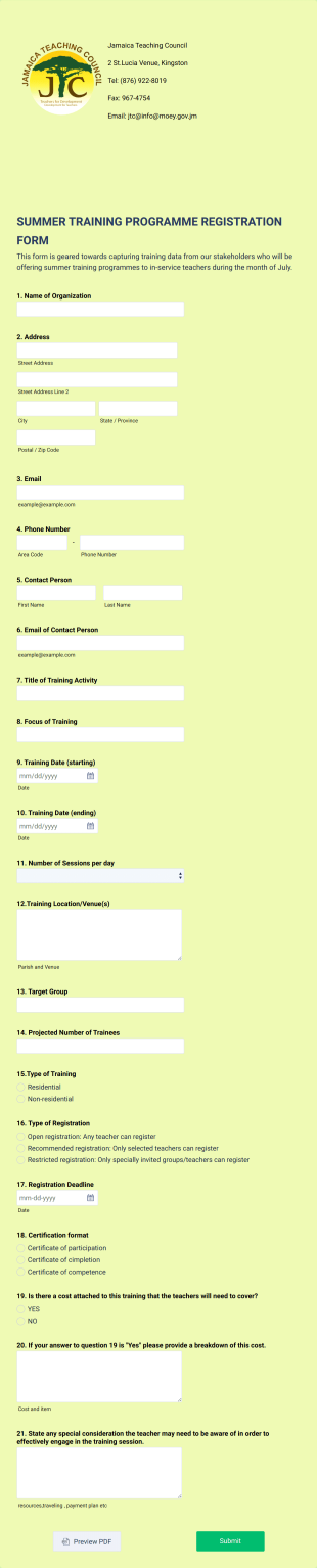 Professional Development Training Registration Form Template