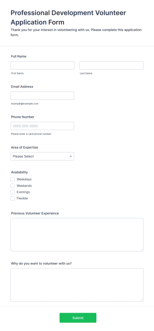 Professional Development Volunteer Application Form Form Template
