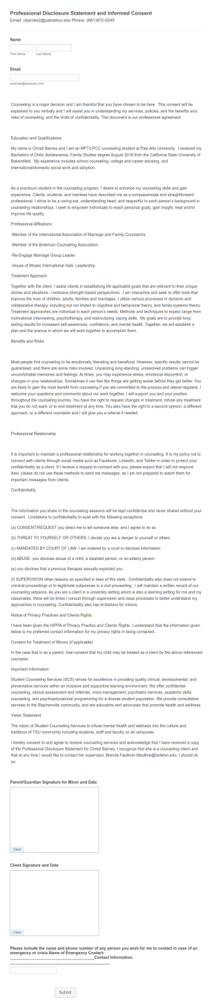 Professional Disclosure Statement And Informed Consent Form Template