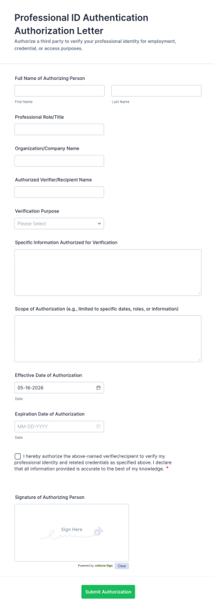 Professional ID Authentication Authorization Letter Form Template