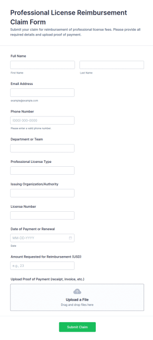 Professional License Reimbursement Claim Form Template