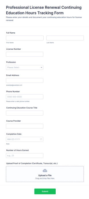 Professional License Renewal Continuing Education Hours Tracking Form Template