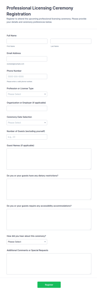 Professional Licensing Ceremony Registration Form Template