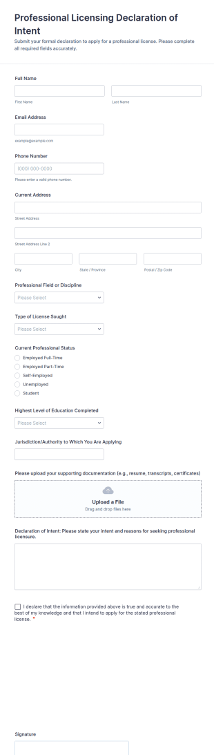 Professional Licensing Declaration Of Intent Form Template