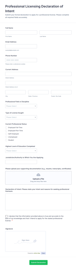 Professional Licensing Declaration Of Intent Form Template