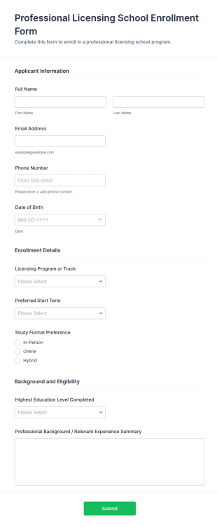 Professional Licensing School Enrollment Form Template