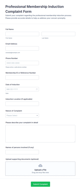 Professional Membership Induction Complaint Form Template