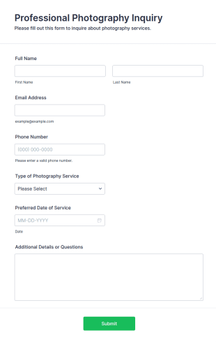 Professional Photography Inquiry Form Template