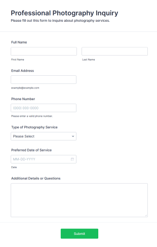 Professional Photography Inquiry Form Template