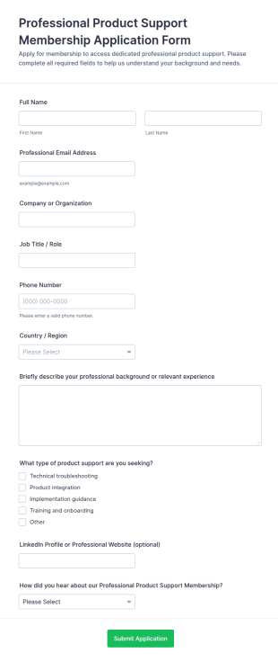 Professional Product Support Membership Application Form Template