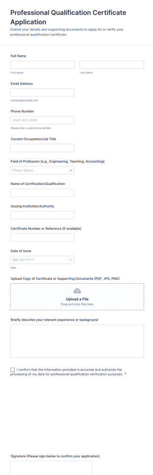 Professional Qualification Certificate Application Form Template