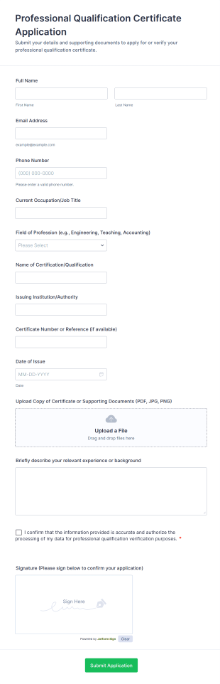 Professional Qualification Certificate Application Form Template