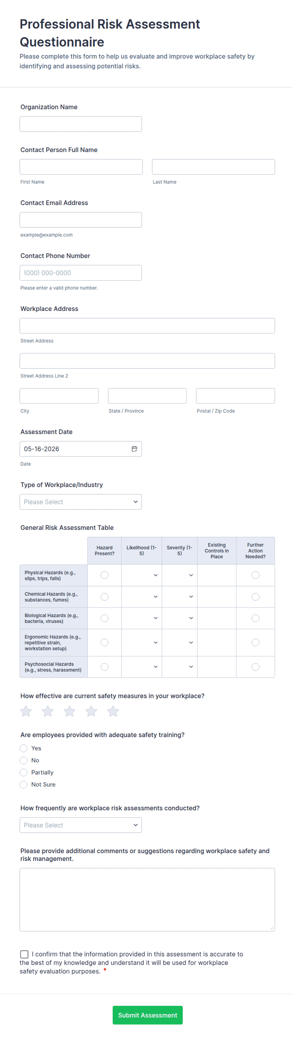 Professional Risk Assessment Questionnaire Form Template | Jotform