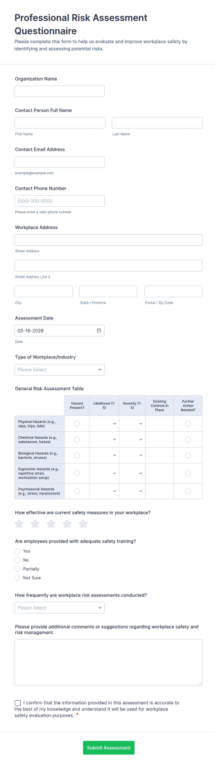 Professional Risk Assessment Questionnaire Form Template