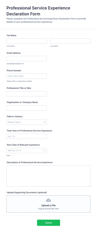 Professional Service Experience Declaration Form Template